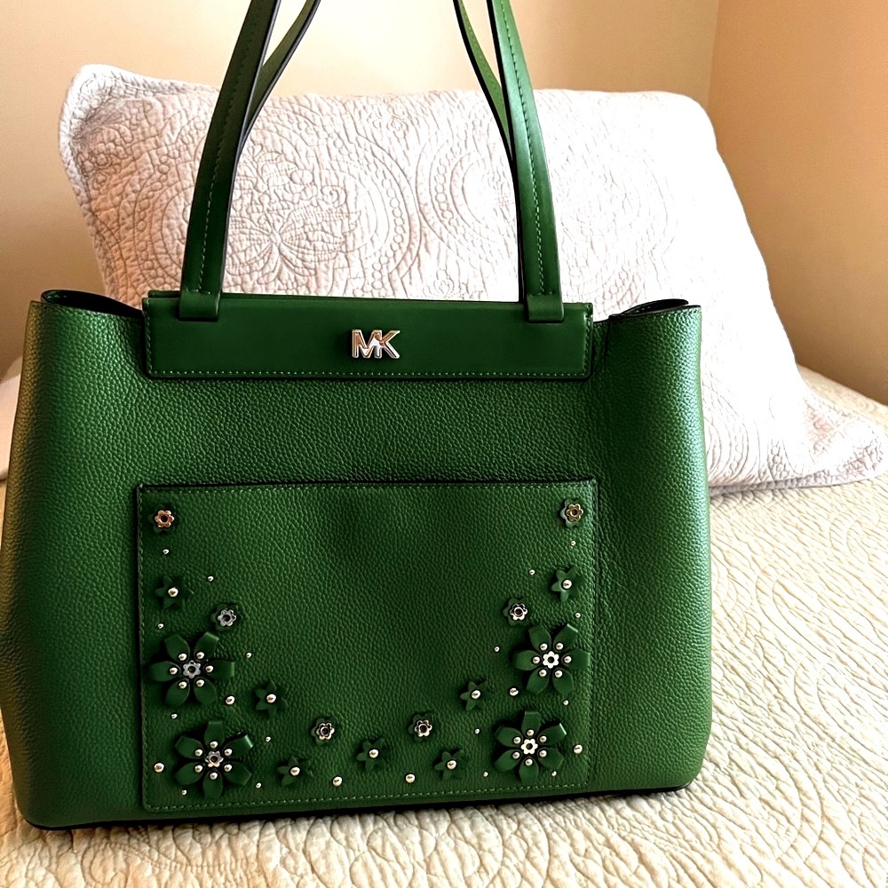SOLD NWT$338 Authentic MICHAEL KORS Green Floral Handbag Purse Satchel - Picture 2 of 15